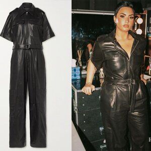 HELMUT LANG Belted pleated leather wide-leg jumpsuit